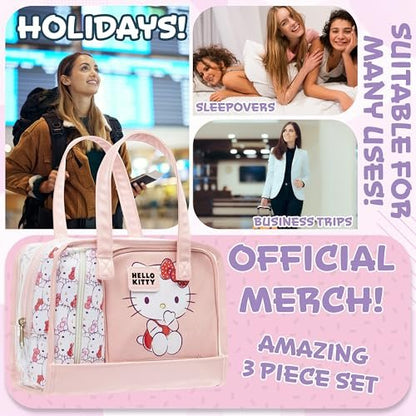 Hello Kitty Toiletry Bag and Makeup Bag Set of 3 - Cute Pink Travel Cosmetic Case for Women Teens Girls, Kawaii Anime Essentials Avelisse