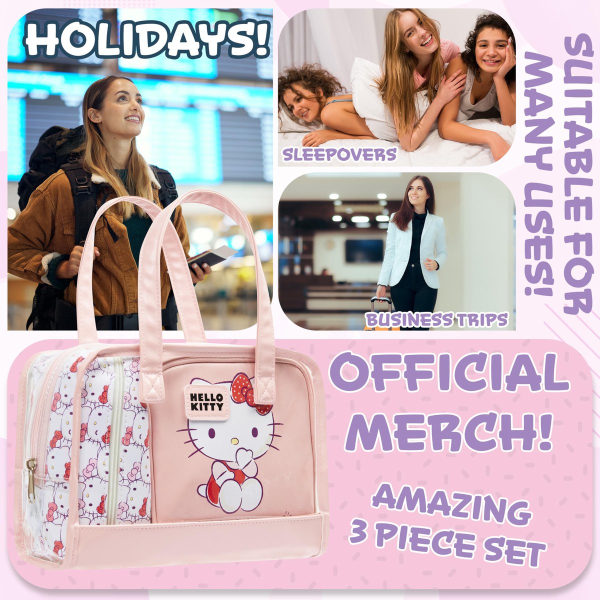 Hello Kitty Toiletry Bag and Makeup Bag Set of 3 - Cute Pink Travel Cosmetic Case for Women Teens Girls, Kawaii Anime Essentials Avelisse