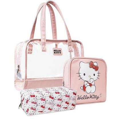 Hello Kitty Toiletry Bag and Makeup Bag Set of 3 - Cute Pink Travel Cosmetic Case for Women Teens Girls, Kawaii Anime Essentials Avelisse