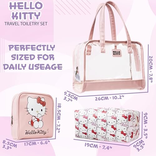 Hello Kitty Toiletry Bag and Makeup Bag Set of 3 - Cute Pink Travel Cosmetic Case for Women Teens Girls, Kawaii Anime Essentials Avelisse