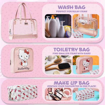 Hello Kitty Toiletry Bag and Makeup Bag Set of 3 - Cute Pink Travel Cosmetic Case for Women Teens Girls, Kawaii Anime Essentials Avelisse