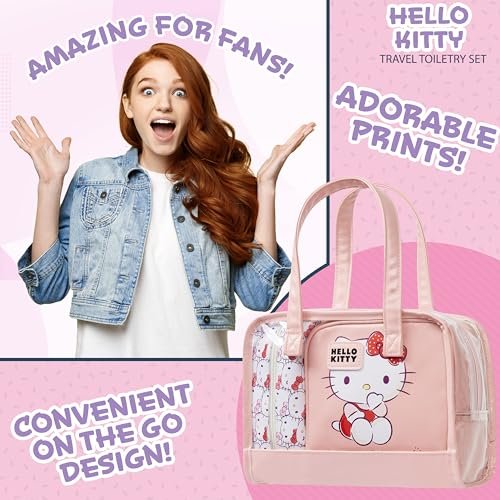 Hello Kitty Toiletry Bag and Makeup Bag Set of 3 - Cute Pink Travel Cosmetic Case for Women Teens Girls, Kawaii Anime Essentials Avelisse