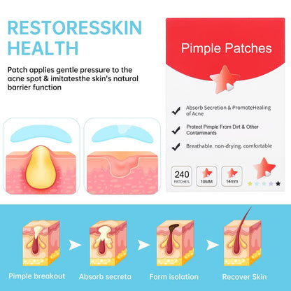 Waspot Star Pimple Patches for Face - 240 Count Hydrocolloid Zit Covers with Tea Tree, Salicylic Acid & Cica Oil for Sensitive Skin