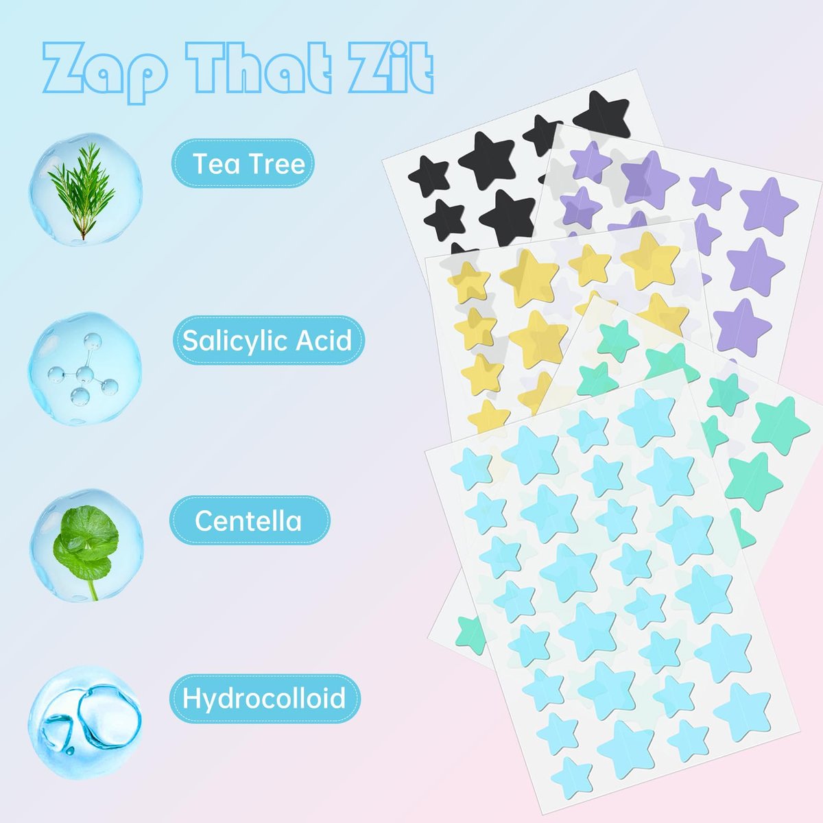 Waspot Star Pimple Patches for Face - 240 Count Hydrocolloid Zit Covers with Tea Tree, Salicylic Acid & Cica Oil for Sensitive Skin - görsel 6
