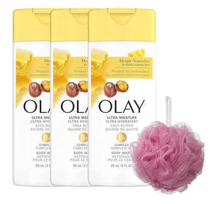 PURPUR Olay Ultra Moisture Body Wash with Shea Butter for Women Loofah Bundle - Travel Size, 3 oz (Pack of 3) - Color May Vary Avelisse