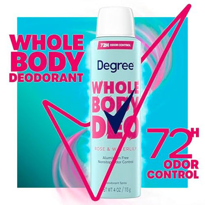 Degree Women Whole Body Deodorant Spray, Rose & Waterlily Scent, Aluminum Free 72H Odor Protection, 4 oz