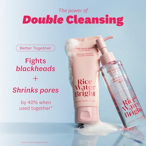 The Face Shop Rice Water Bright Double Cleansing Duo Set with Ceramide - Korean Skin Care Gentle Face Wash & Pore Control Cleansing Oil, Hydrating & Moisturizing Vegan Facial Cleanser, Makeup Remover Avelisse