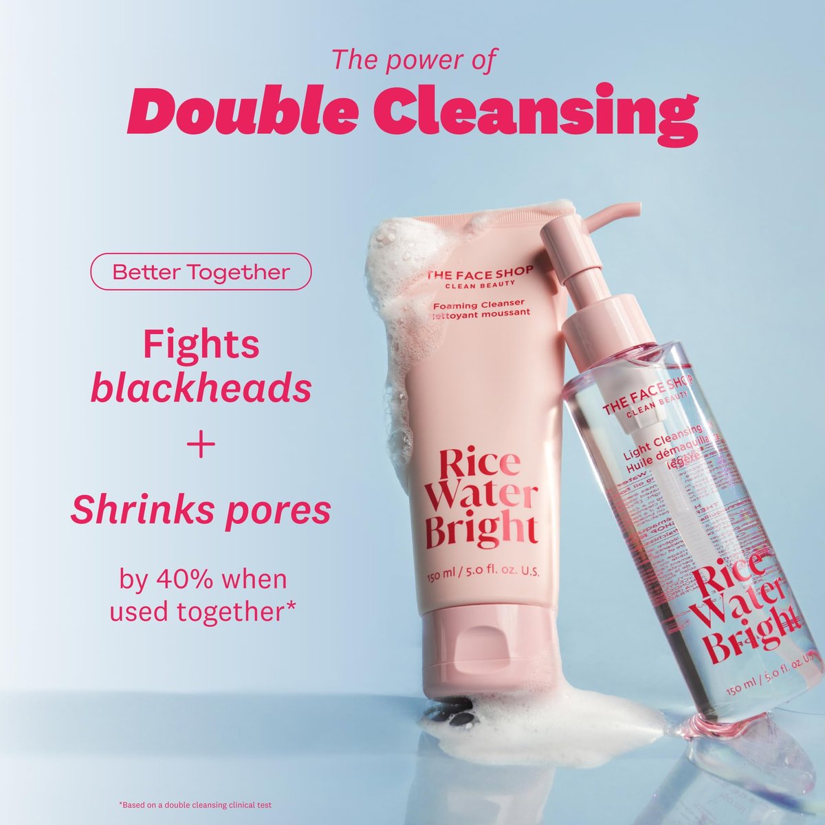 The Face Shop Rice Water Bright Double Cleansing Duo Set with Ceramide - Korean Skin Care Gentle Face Wash & Pore Control Cleansing Oil, Hydrating & Moisturizing Vegan Facial Cleanser, Makeup Remover Avelisse
