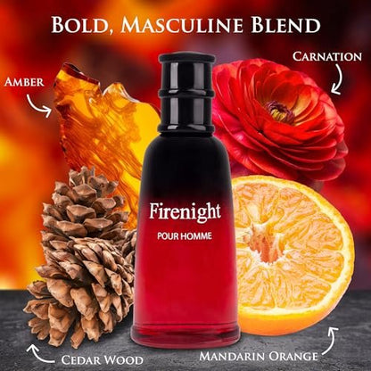 Firenight for Men Eau De Parfum - 3.4 fl oz Elegant 100ml Bottle with Top Notes of Nutmeg Flower, Lavender, Cedar & Citrus Avelisse