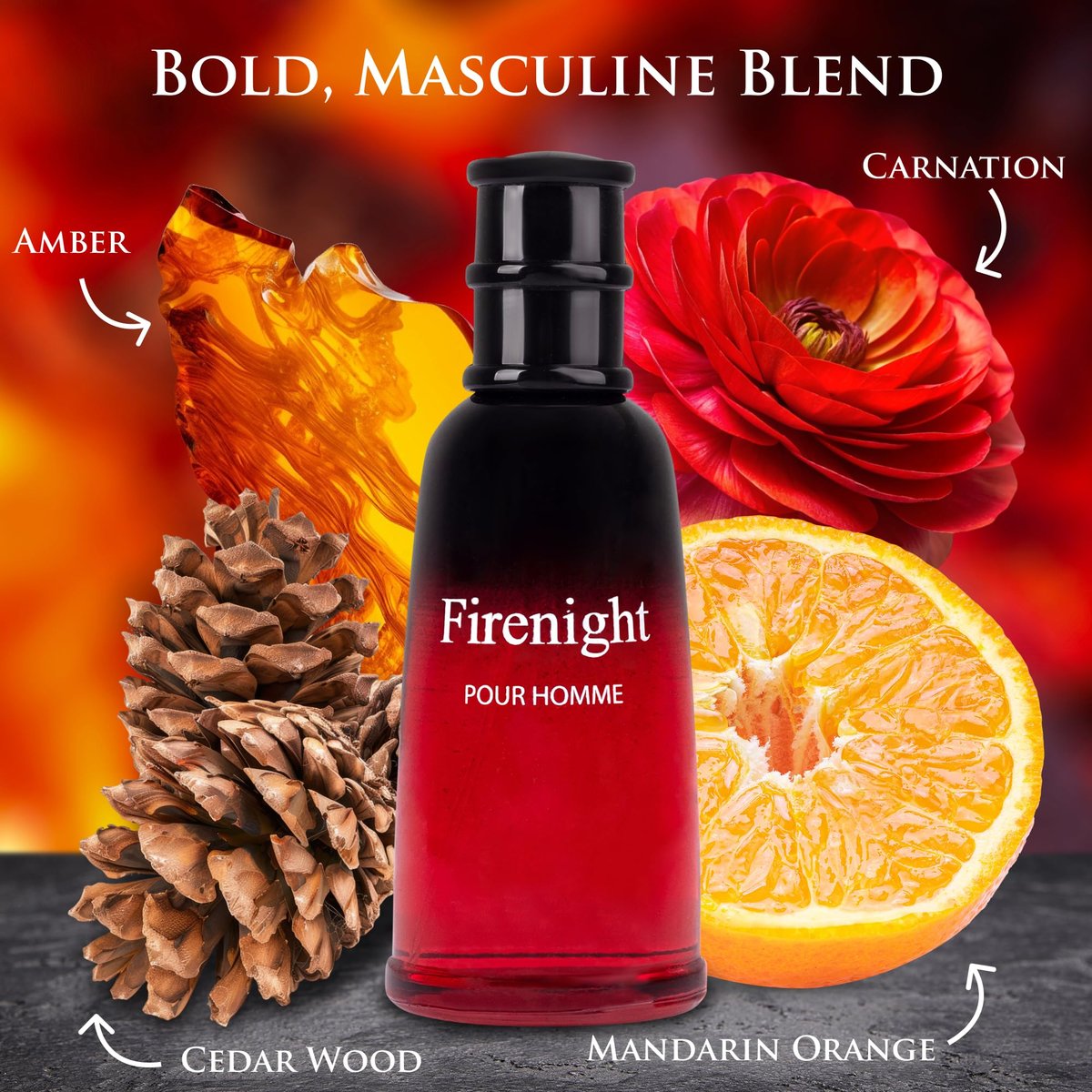 Firenight for Men Eau De Parfum - 3.4 fl oz Elegant 100ml Bottle with Top Notes of Nutmeg Flower, Lavender, Cedar & Citrus Avelisse