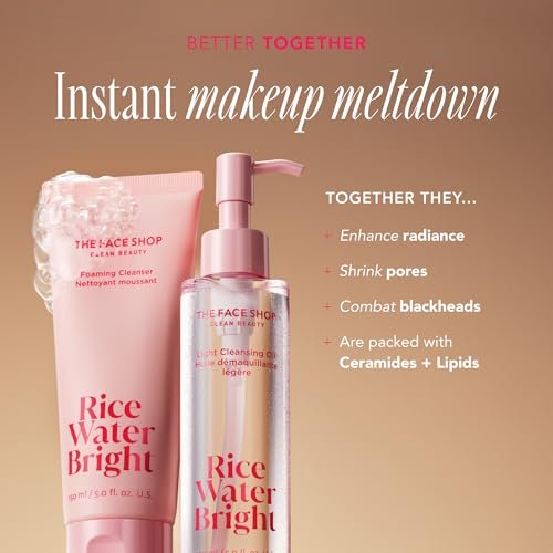The Face Shop Rice Water Bright Vegan Double Cleanse Trial Set – Travel Size Foaming Cleanser & Mini Cleansing Oil for Gentle Makeup Removal and Pore Control Avelisse