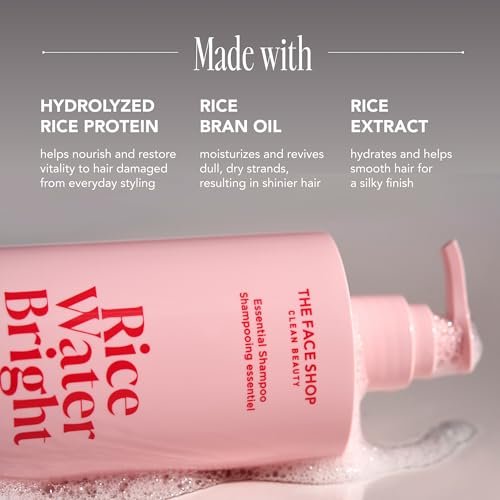 The Face Shop Rice Water Bright Essential Shampoo - Strengthening & Anti-Frizz Shampoo for Dry, Damaged Hair - Sulfate Free Korean Hair Care with Rice Protein Avelisse