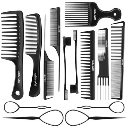 SALONSILK Women Hair Comb Set - 14PCS Wide Tooth Rat Tail Styling Combs Pick for Curly, Teasing, Parting, Fine Professional Barber Cutting Braiding Set