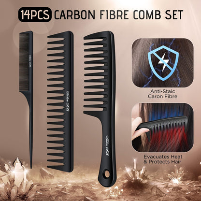 SALONSILK Women Hair Comb Set - 14PCS Wide Tooth Rat Tail Styling Combs Pick for Curly, Teasing, Parting, Fine Professional Barber Cutting Braiding Set