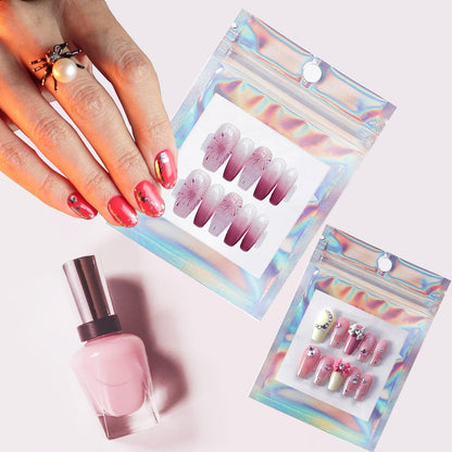 100 PCS Holographic Press on Nail Packaging Bags with White Cards and Transparent Tape - Nail Tip Storage and Display Organizer