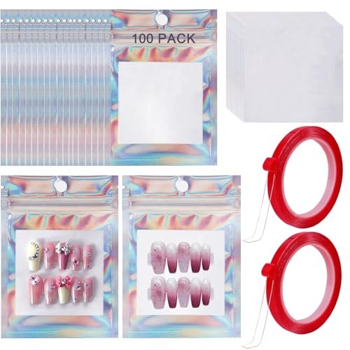 100 PCS Holographic Press on Nail Packaging Bags with White Cards and Transparent Tape - Nail Tip Storage and Display Organizer - görsel 2