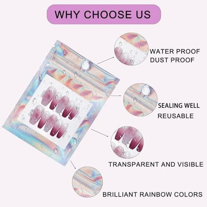 100 PCS Holographic Press on Nail Packaging Bags with White Cards and Transparent Tape - Nail Tip Storage and Display Organizer