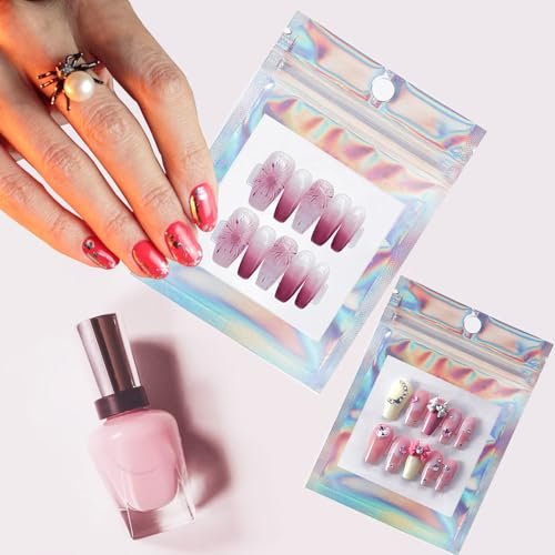 100 PCS Holographic Press on Nail Packaging Bags with White Cards and Transparent Tape - Nail Tip Storage and Display Organizer - görsel 8