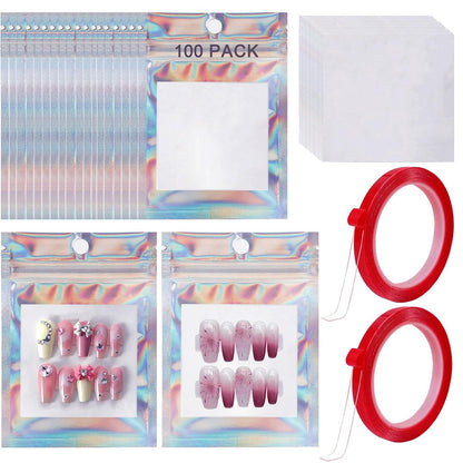 100 PCS Holographic Press on Nail Packaging Bags with White Cards and Transparent Tape - Nail Tip Storage and Display Organizer