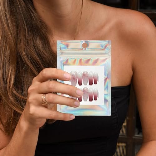 100 PCS Holographic Press on Nail Packaging Bags with White Cards and Transparent Tape - Nail Tip Storage and Display Organizer - görsel 10