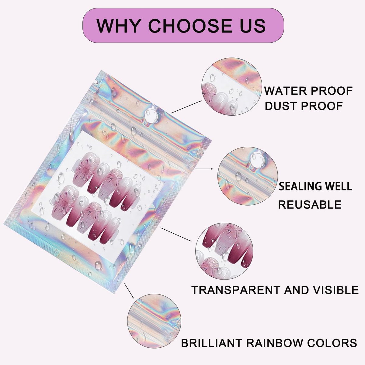 100 PCS Holographic Press on Nail Packaging Bags with White Cards and Transparent Tape - Nail Tip Storage and Display Organizer - görsel 5
