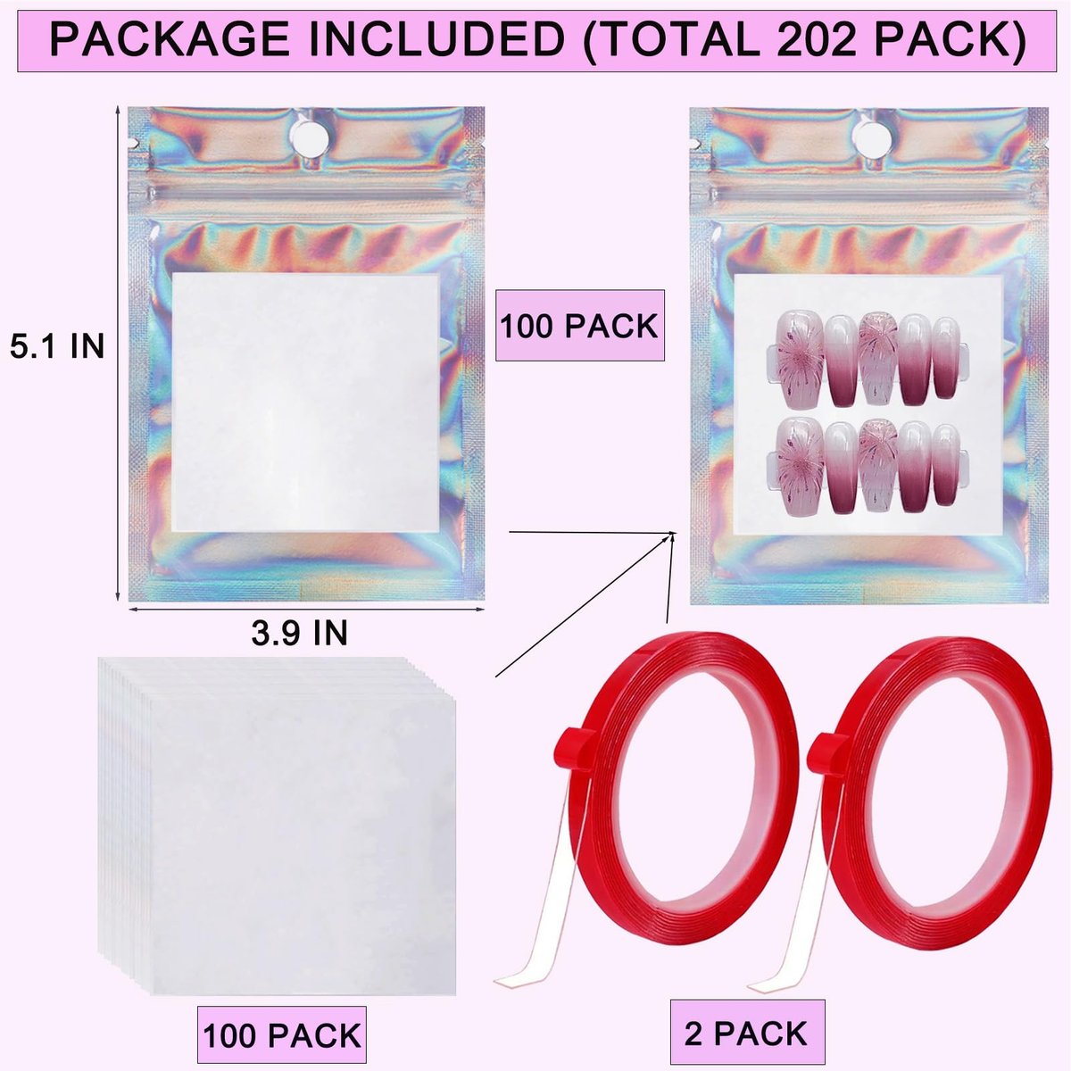 100 PCS Holographic Press on Nail Packaging Bags with White Cards and Transparent Tape - Nail Tip Storage and Display Organizer - görsel 3