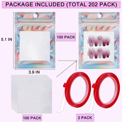 100 PCS Holographic Press on Nail Packaging Bags with White Cards and Transparent Tape - Nail Tip Storage and Display Organizer