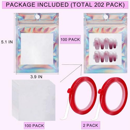 100 PCS Holographic Press on Nail Packaging Bags with White Cards and Transparent Tape - Nail Tip Storage and Display Organizer