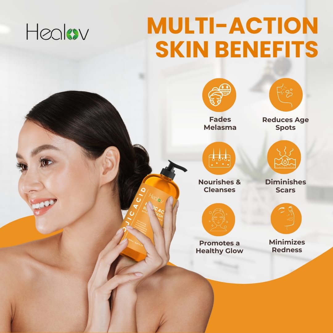 Healov Kojic Acid Soap for Hyperpigmentation – Skin Brightening Body Wash with Papaya & Turmeric – Dark Spot Soap Reduces Acne, Scars, Evens Tone – 16.67 oz - görsel 3