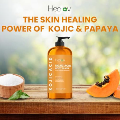 Healov Kojic Acid Soap for Hyperpigmentation – Skin Brightening Body Wash with Papaya & Turmeric – Dark Spot Soap Reduces Acne, Scars, Evens Tone – 16.67 oz
