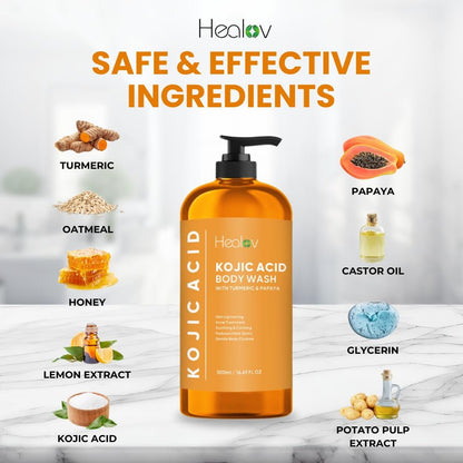 Healov Kojic Acid Soap for Hyperpigmentation – Skin Brightening Body Wash with Papaya & Turmeric – Dark Spot Soap Reduces Acne, Scars, Evens Tone – 16.67 oz