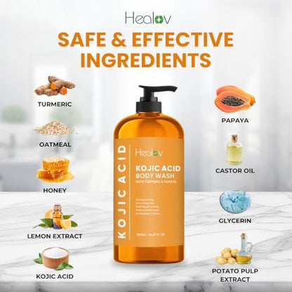 Healov Kojic Acid Soap for Hyperpigmentation – Skin Brightening Body Wash with Papaya & Turmeric – Dark Spot Soap Reduces Acne, Scars, Evens Tone – 16.67 oz