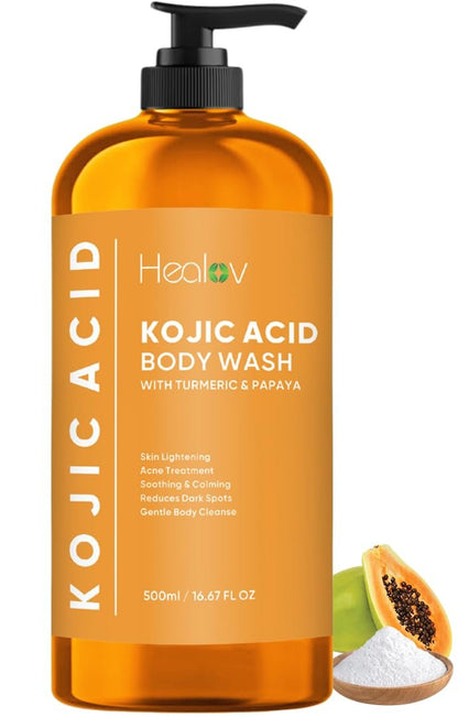 Healov Kojic Acid Soap for Hyperpigmentation – Skin Brightening Body Wash with Papaya & Turmeric – Dark Spot Soap Reduces Acne, Scars, Evens Tone – 16.67 oz