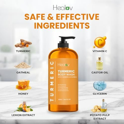 Healov Turmeric Body Wash – Skin Brightening Soap for Dark Spots, Hyperpigmentation – Exfoliating Turmeric Face Wash Reduces Acne, Scars, & Cleanses Skin – Natural Bath Liquid Soap Avelisse