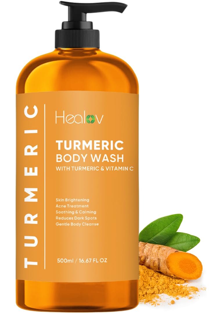 Healov Turmeric Body Wash – Skin Brightening Soap for Dark Spots, Hyperpigmentation – Exfoliating Turmeric Face Wash Reduces Acne, Scars, & Cleanses Skin – Natural Bath Liquid Soap Avelisse