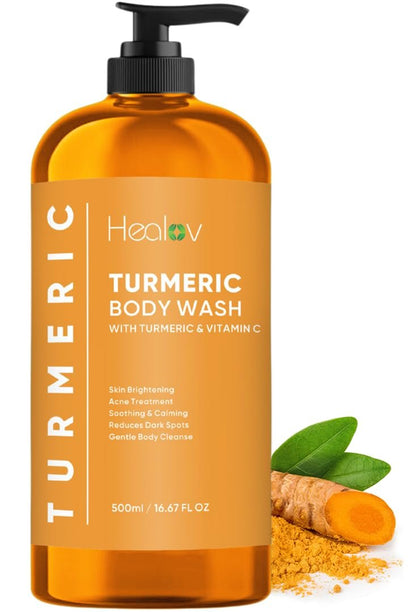 Healov Turmeric Body Wash – Skin Brightening Soap for Dark Spots, Hyperpigmentation – Exfoliating Turmeric Face Wash Reduces Acne, Scars, & Cleanses Skin – Natural Bath Liquid Soap Avelisse