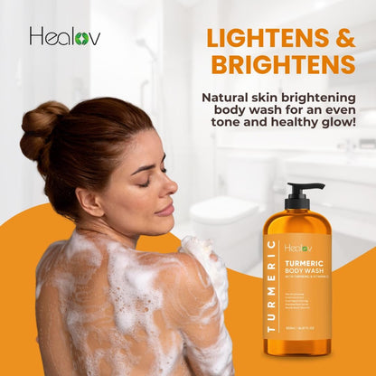 Healov Turmeric Body Wash – Skin Brightening Soap for Dark Spots, Hyperpigmentation – Exfoliating Turmeric Face Wash Reduces Acne, Scars, & Cleanses Skin – Natural Bath Liquid Soap Avelisse