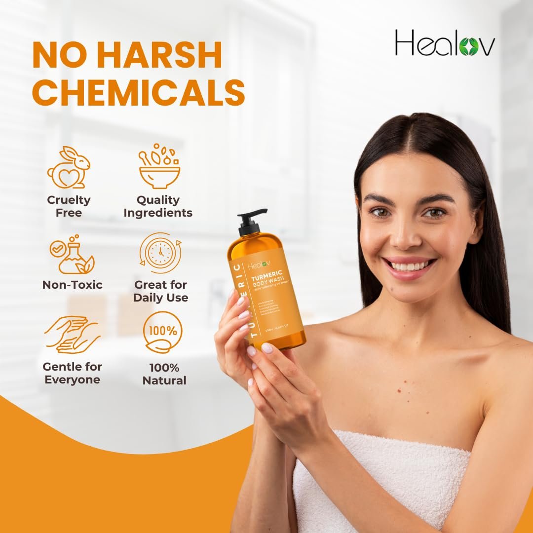 Healov Turmeric Body Wash – Skin Brightening Soap for Dark Spots, Hyperpigmentation – Exfoliating Turmeric Face Wash Reduces Acne, Scars, & Cleanses Skin – Natural Bath Liquid Soap Avelisse