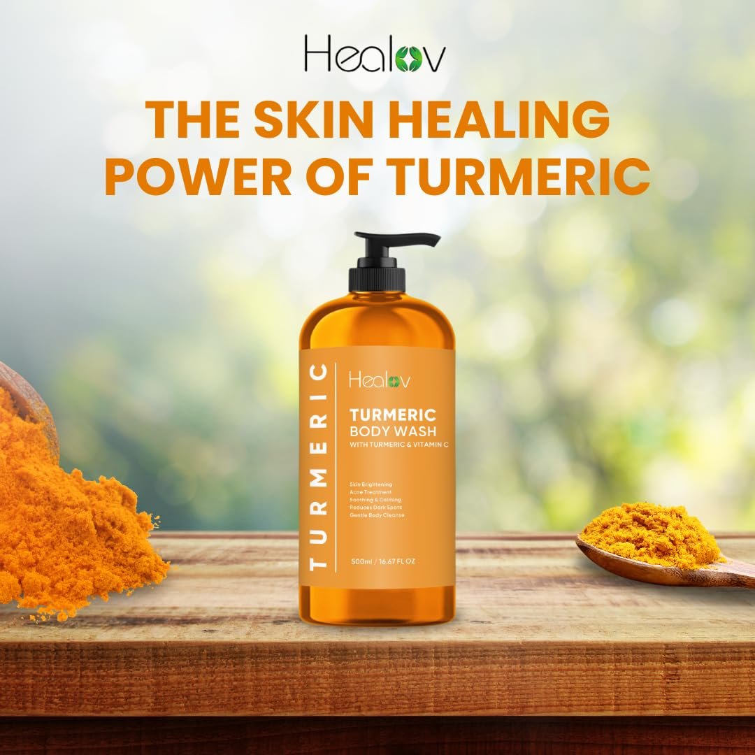 Healov Turmeric Body Wash – Skin Brightening Soap for Dark Spots, Hyperpigmentation – Exfoliating Turmeric Face Wash Reduces Acne, Scars, & Cleanses Skin – Natural Bath Liquid Soap Avelisse