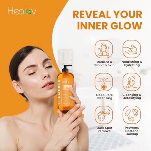 Healov Turmeric Body Wash – Skin Brightening Soap for Dark Spots, Hyperpigmentation – Exfoliating Turmeric Face Wash Reduces Acne, Scars, & Cleanses Skin – Natural Bath Liquid Soap Avelisse