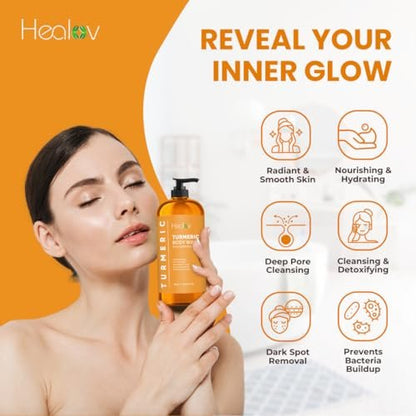Healov Turmeric Body Wash – Skin Brightening Soap for Dark Spots, Hyperpigmentation – Exfoliating Turmeric Face Wash Reduces Acne, Scars, & Cleanses Skin – Natural Bath Liquid Soap Avelisse