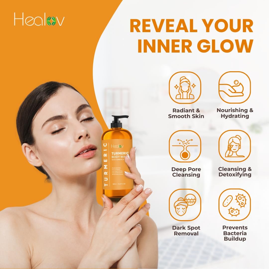 Healov Turmeric Body Wash – Skin Brightening Soap for Dark Spots, Hyperpigmentation – Exfoliating Turmeric Face Wash Reduces Acne, Scars, & Cleanses Skin – Natural Bath Liquid Soap Avelisse