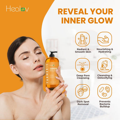 Healov Turmeric Body Wash – Skin Brightening Soap for Dark Spots, Hyperpigmentation – Exfoliating Turmeric Face Wash Reduces Acne, Scars, & Cleanses Skin – Natural Bath Liquid Soap Avelisse