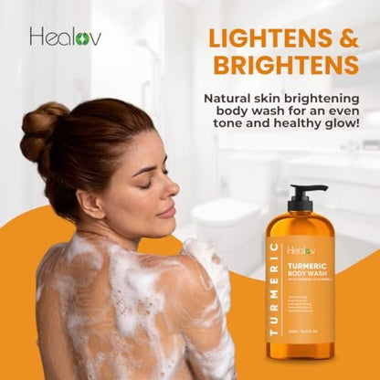 Healov Turmeric Body Wash – Skin Brightening Soap for Dark Spots, Hyperpigmentation – Exfoliating Turmeric Face Wash Reduces Acne, Scars, & Cleanses Skin – Natural Bath Liquid Soap Avelisse