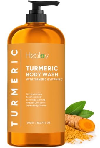 Healov Turmeric Body Wash – Skin Brightening Soap for Dark Spots, Hyperpigmentation – Exfoliating Turmeric Face Wash Reduces Acne, Scars, & Cleanses Skin – Natural Bath Liquid Soap Avelisse