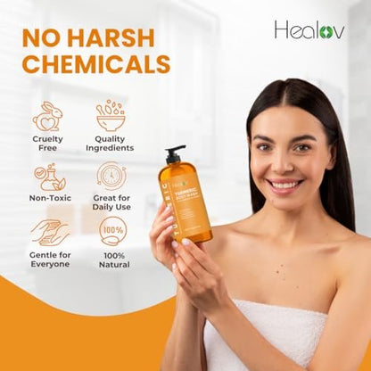 Healov Turmeric Body Wash – Skin Brightening Soap for Dark Spots, Hyperpigmentation – Exfoliating Turmeric Face Wash Reduces Acne, Scars, & Cleanses Skin – Natural Bath Liquid Soap Avelisse
