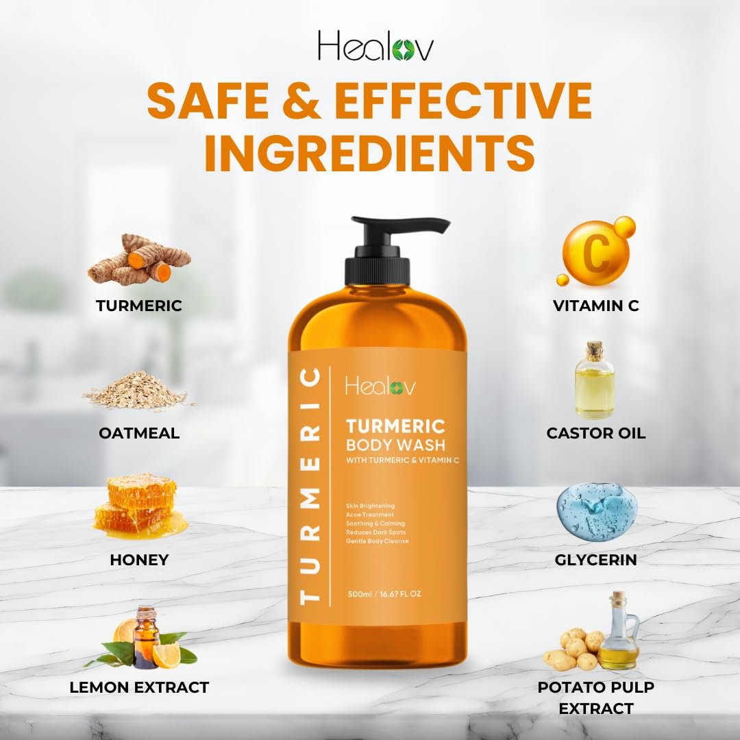 Healov Turmeric Body Wash – Skin Brightening Soap for Dark Spots, Hyperpigmentation – Exfoliating Turmeric Face Wash Reduces Acne, Scars, & Cleanses Skin – Natural Bath Liquid Soap Avelisse