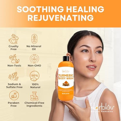 Herblov Turmeric Body Wash – Skin Brightening Liquid Soap for Discoloration, Anti-Aging, Acne & Sun Damage – 16.9 oz