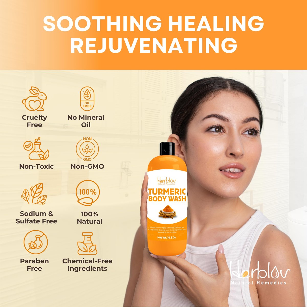 Herblov Turmeric Body Wash – Skin Brightening Liquid Soap for Discoloration, Anti-Aging, Acne & Sun Damage – 16.9 oz - görsel 7