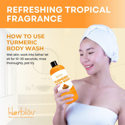 Herblov Turmeric Body Wash – Skin Brightening Liquid Soap for Discoloration, Anti-Aging, Acne & Sun Damage – 16.9 oz